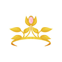 Beautiful royal crown decorated with golden petals and precious pink stone. Shiny princess tiara. Accessory of queen. Expensive jewelry. Colorful flat vector design