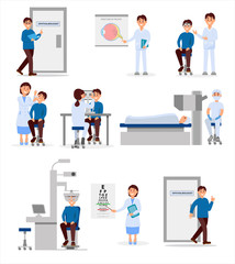 Set with medical workers of ophthalmic hospital and patients in different situations. Professionals at work. Healthcare and treatment concept. Flat vector illustration