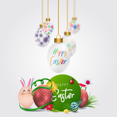 Happy easter image vector. Modern happy Easter background with colorful eggs, bunny, rubbit, and spring flower. Template Easter greeting card, vector.