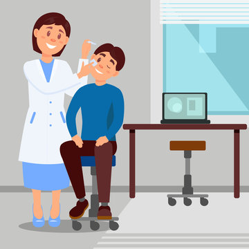 Doctor s office in clinic smiling woman treats eye of young man using eye-drops. Cartoon character of medical worker and patient. Flat vector illustration.