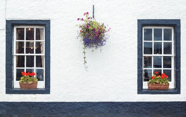 Simple white wall with two windows and flower boxes