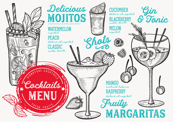 Cocktail bar menu. Vector drinks flyer for restaurant and cafe. Design template with vintage hand-drawn illustrations. - obrazy, fototapety, plakaty
