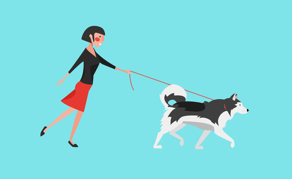 Vector Illustration: Young Woman Walk the Dog (Grey Malamute).