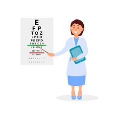 Female ophthalmologist holding digital tablet and pointing at letters of eye chart. Vision test. Oculist s office. Doctor in white coat. Medical service. Flat vector design