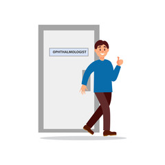Smiling man coming out from office of ophthalmologist and showing thumb. Happy patient. Medical treatment and healthcare concept. Colorful flat vector design