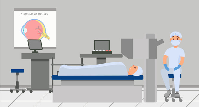 Doctor Going To Conduct Eye Surgery With Using Microscope. Patient Lying On Table In Operating Room. Professional Medical Service. Healthcare And Treatment. Flat Vector