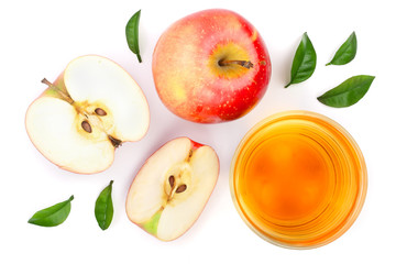 apple with juice and leaves isolated on white background top view. Flat lay pattern