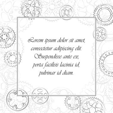 Decorative Vintage Frame With Black Outlined Gears And Cogs Ornament. Empty Space In Center For Text Label Or Menu. Square Vector Elegant Illustration With Cogwheels Border On White Background.