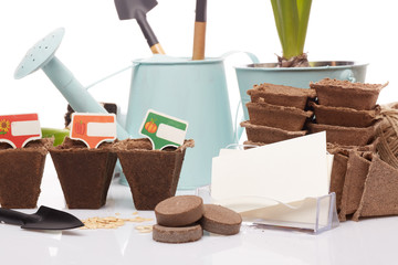 Gardening tools and seedlings.