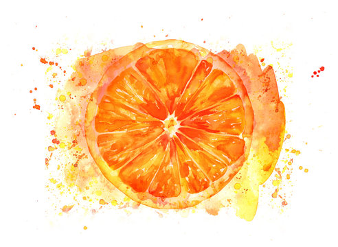 Watercolour orange drawing with splashes on white