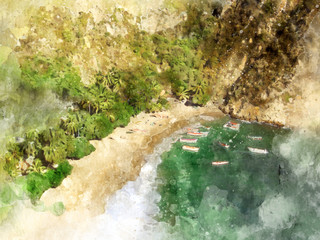Watercolor painting of a tropical beach