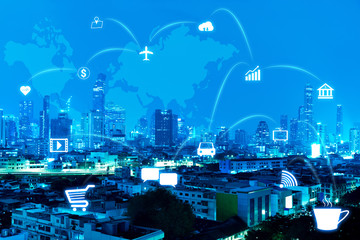 blue night modern city with connection line of internet of things (IOTs) on the sky