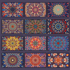 Collection retro cards shirts with ethnic backgrounds. Card of invitation with vintage design elements.