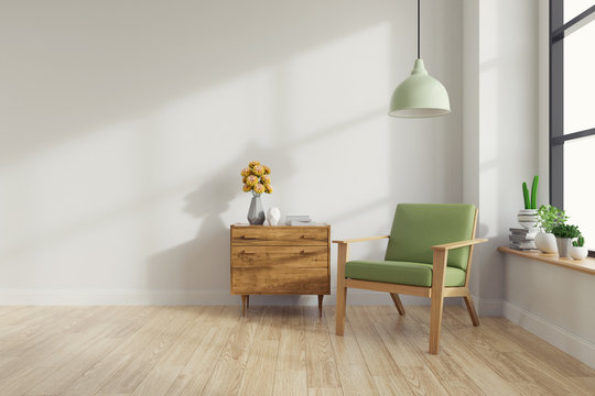 Modern mid Century and vintage interior of living room ,green lounge chair with wood table on white wall and wood floor  in front of a window ,empty room ,3d rendering