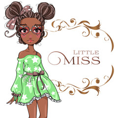 Brown skin tone cute fashion teen girl wearing green dress, little miss fashion girl with floral frame, cartoon character comics girl portrait, young woman vector illustration