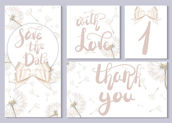 A set of wedding cards and invitations. Cards with lettering and beautiful dandelions
