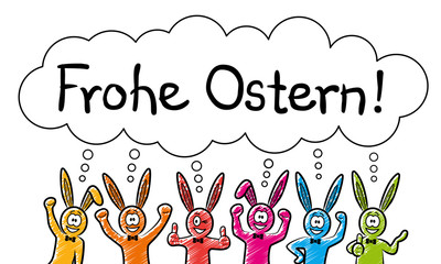 Lustige bunte Hasen wünschen “Frohe Ostern!” / Vektor-Zeichnung, Brustbild