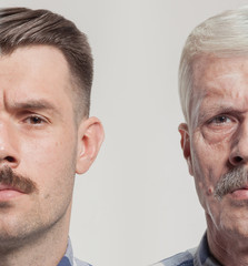 Collage of two portraits of the same old man and young man. Face lifting, aging and skincare...