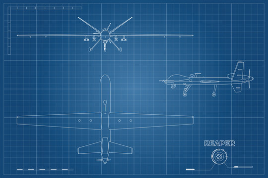 Blueprint of military drone in outline style. Top, front and side view. Army aircraft for intelligence and attack. Industrial isolated drawing