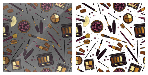 Two seamless pattern with decorative cosmetics, hand drawn style. Woman stuff. Colored elements