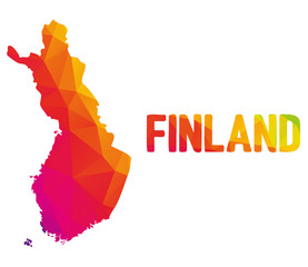 Low polygonal map of Republic of Finland with sign Finland, both in warm colors of red, purple, orange and yellow; Suomi, Suomen tasavalta; country in Scandinavia - North Europe