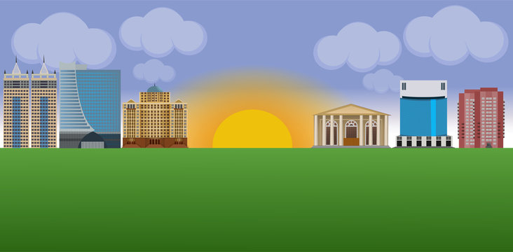 Flat vector cartoon style illustration urban landscape street with skyline city office buildings, family houses, theater, library.