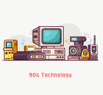 Vintage 90s Technology Banner. Nineties Multimedia Electronic Entertainment Gadgets With Camera, Old Computer,game Console And Cellphone. Abstract Retro Tech Devices Concept Background In Flat Design.