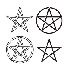 Set of pentagram or pentalpha or pentangle. Hand drawn dot work ancient pagan symbol of five-pointed star isolated vector illustration. Black work, flash tattoo or print design