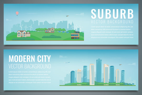 Two Banners With City Landscape And Suburban Landscape. Building Architecture, Cityscape Town. Vector