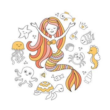 Cute little mermaid and sea animals. Under the sea vector illustration
