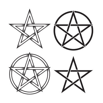 Set of pentagram or pentalpha or pentangle. Hand drawn dot work ancient pagan symbol of five-pointed star isolated vector illustration. Black work, flash tattoo or print design