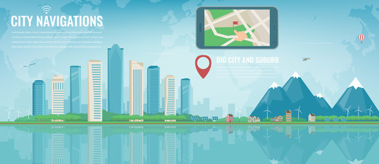 Smart city navigation. Big city and suburb. Tablet with city location. Modern city background. Vector