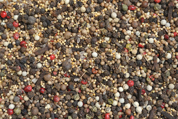 A beautiful and aromatic mix of seasonings - coriander, black pepper, anise, carnation, close-up from the seller in the market