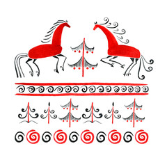 Obraz premium Watercolor illustration of a traditional painting with deer Mezen.