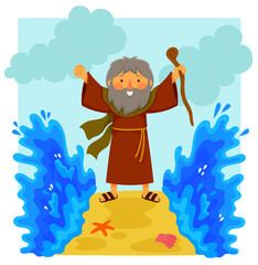 Fototapeta premium Cartoon illustration of happy Moses parting the red sea in the biblical story