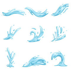 Blue waves and water splashes set, wavy symbols of nature in motion vector Illustrations