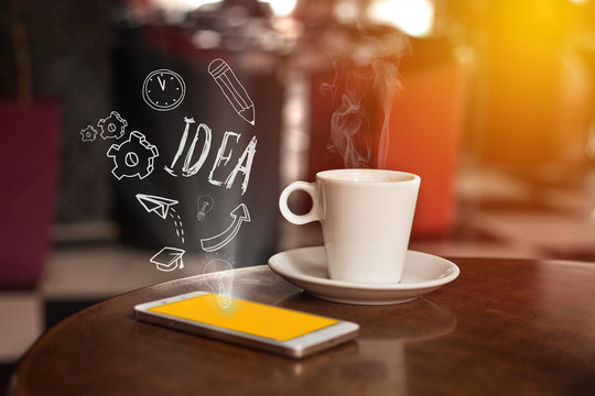 Smartphone with coffee and communication flat icons. Technology digital community concept.
