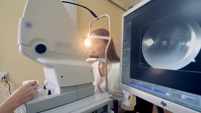 Process of examination of a young woman's eyes