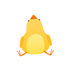 Cute baby chicken sitting on the floor and looking up, funny cartoon bird character vector Illustration on a white background