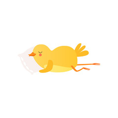 Cute baby chicken sleeoing on pillow, funny cartoon bird character vector Illustration on a white background