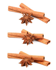 Cinnamon sticks with star anise isolated on white background. Collection.