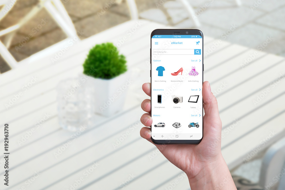 Poster online shopping app on smart phone with round edges. coffee shop in background.