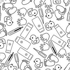 Cute baby seamless pattern, isolated line art decoration background.