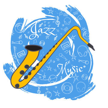 Saxophone. Wind musical instrument. Jazz instruments, on abstract blue background. With additional particles, musical attributes. Vector illustration.