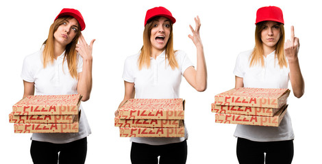 Set of Frustrated pizza delivery woman