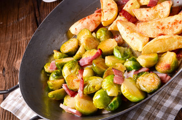 Brussels Sprouts with ham ,honey and roasted potatoes