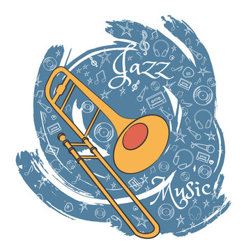 Trombone. A musical musical instrument. Jazz instruments, on an abstract gray background. With additional particles, musical attributes. Vector illustration.