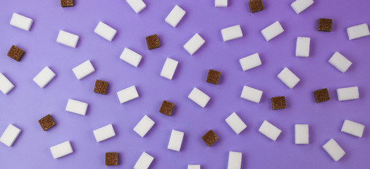 Fototapeta na wymiar Brown and white sugar cubes pattern on violet banner background.