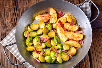 Brussels Sprouts with ham ,honey and roasted potatoes