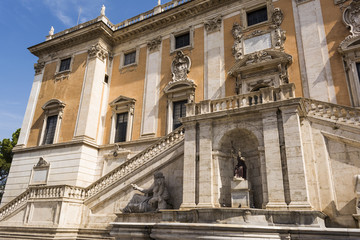 Fototapeta na wymiar Front view of the Palazzo Senatorio and Fontana della Dea Roma in the Piazza del Campidoglio on top of the Capitoline Hill in Rome, Italy